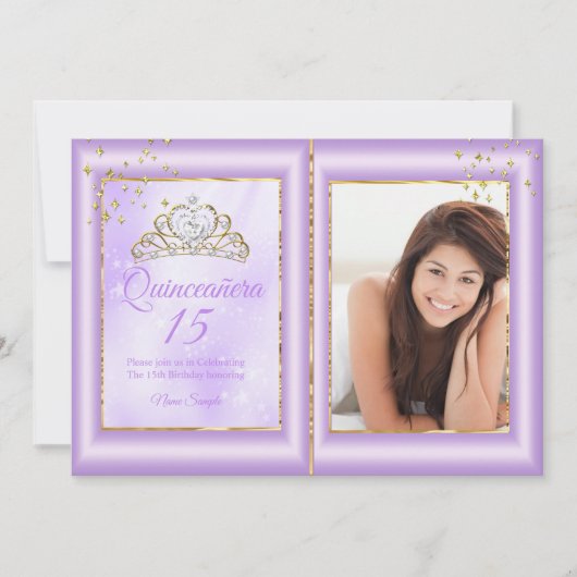 キンセアニェラ15誕生日薄紫紫金ゴールド写真 招待状 (正面)