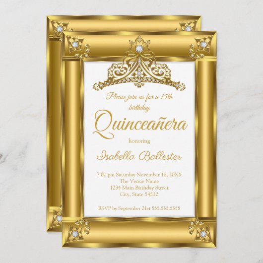 キンセアニェラ15誕生日金ゴールドダイアモンドティアラ2 招待状 (正面/裏面)