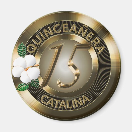 キンセアニェラ15誕生日金ゴールドフェイク金属フローラ マグネット (正面)