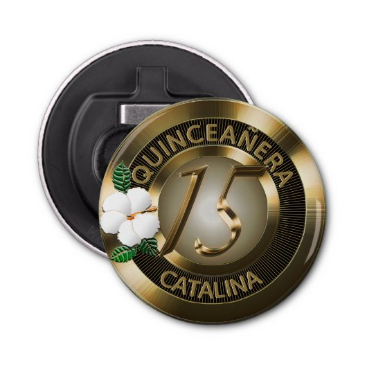 キンセアニェラ15誕生日金ゴールドフェイク金属 栓抜き (正面)