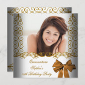 キンセアニェラ15誕生日金ゴールドホワイトレース写真 招待状 (正面/裏面)