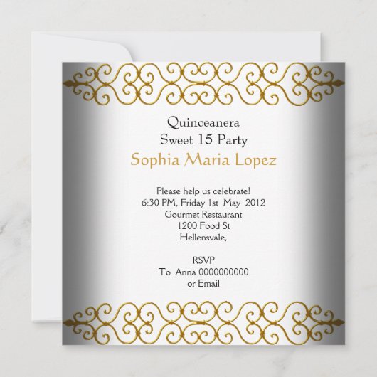 キンセアニェラ15誕生日金ゴールドホワイトレース写真 招待状 (裏面)