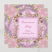キンセアニェラ15thかわいらしピンクダマスク金ゴールドフローラ 招待状 (正面/裏面)