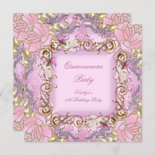 キンセアニェラ15thかわいらしピンクダマスク金ゴールドフローラ 招待状 (正面/裏面)