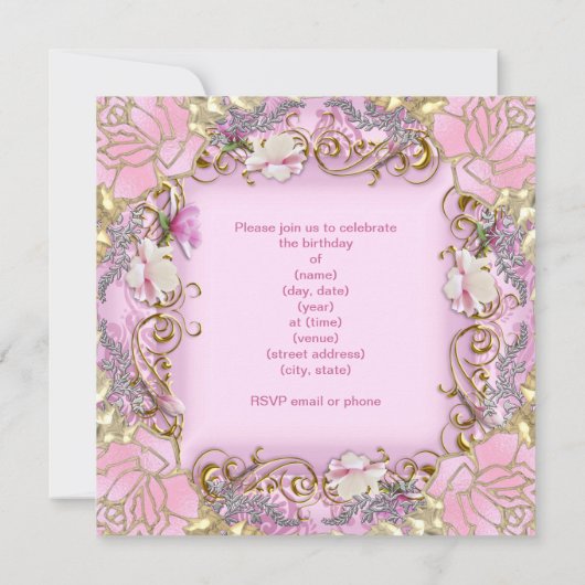 キンセアニェラ15thかわいらしピンクダマスク金ゴールドフローラ 招待状 (裏面)