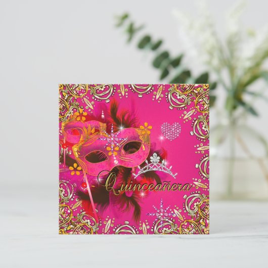 キンセアニェラ15thコーラルピンクマスカレードパーティー金ゴールド 招待状 (スタンド正面)