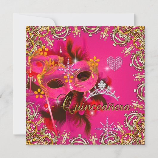 キンセアニェラ15thコーラルピンクマスカレードパーティー金ゴールド 招待状 (正面)