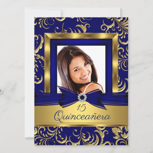キンセアニェラ15thネイビーブルー金ゴールドフローラ写真 招待状 (正面)