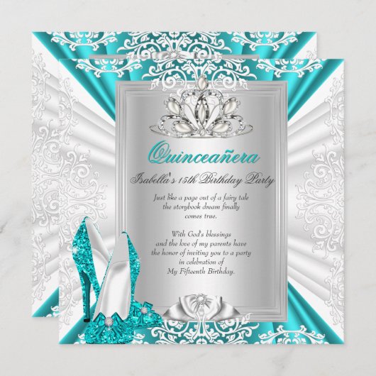 キンセアニェラ15thバースデーパーティーグリッターブルーヒール 招待状 (正面/裏面)