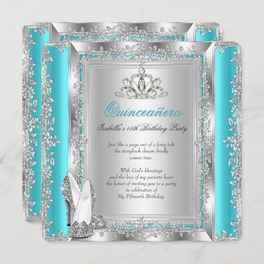 キンセアニェラ15thバースデーパーティーティール(緑がかった色)シルバーシューズ 招待状 (正面/裏面)