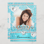 キンセアニェラ15thバースデーパーティーティール（緑がかった色）ブルーシルバー 招待状 (正面/裏面)