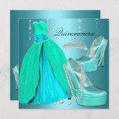 キンセアニェラ15thバースデーパーティーティール（緑がかった色）ブルードレス 招待状 (正面/裏面)