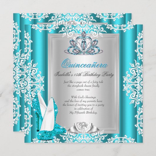 キンセアニェラ15thバースデーパーティーティール（緑がかった色）ブルーヒール 招待状 (正面/裏面)
