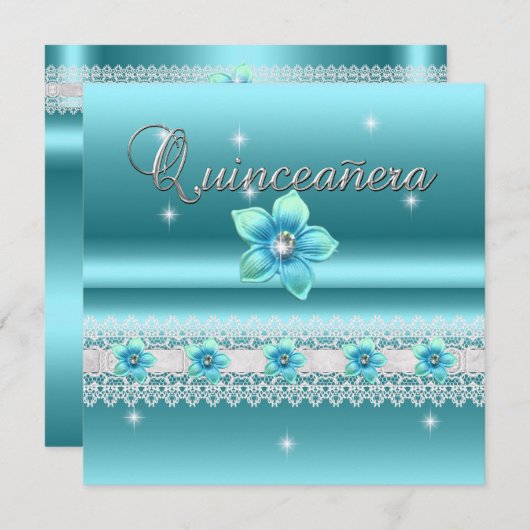 キンセアニェラ15thバースデーパーティーティール（緑がかった色）ブルーフローラ 招待状 (正面/裏面)