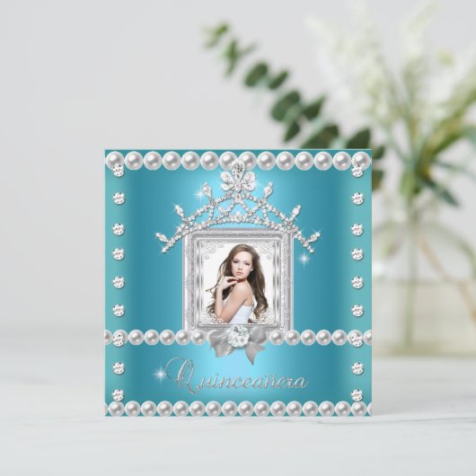 キンセアニェラ15thバースデーパーティーティール（緑がかった色）ブルー 招待状 (スタンド正面)