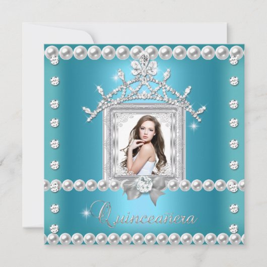 キンセアニェラ15thバースデーパーティーティール（緑がかった色）ブルー 招待状 (正面)