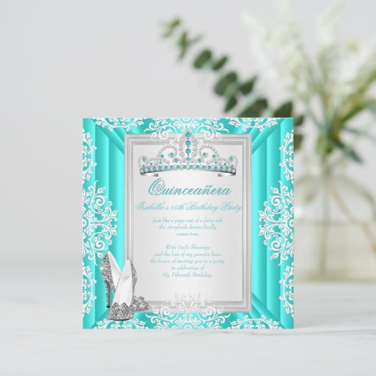 キンセアニェラ15thバースデーパーティーティール(緑がかった色)ブルー 招待状 (スタンド正面)