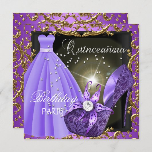 キンセアニェラ15thバースデーパーティーパープルドレスガウン 招待状 (正面/裏面)