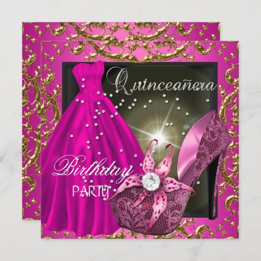 キンセアニェラ15thバースデーパーティーピンクドレスガウン 招待状 (正面/裏面)