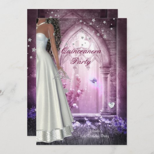 キンセアニェラ15thバースデーパーティーピンクホワイトドレス 招待状 (正面/裏面)