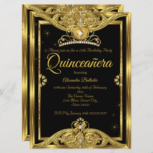 キンセアニェラ15thバースデーパーティー写真金ゴールドブラック 招待状 (正面/裏面)