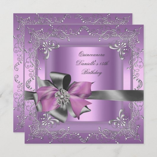 キンセアニェラ15thバースデーパーティー薄紫ピンクシルバー 招待状 (正面/裏面)