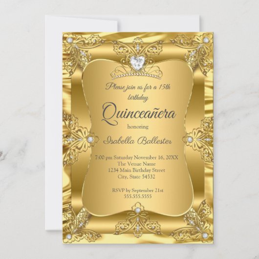 キンセアニェラ15thバースデーパーティー金ゴールドジェムズティアラ 招待状 (正面)