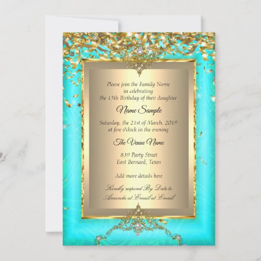 キンセアニェラ15thバースデーパーティー金ゴールドティール(緑がかった色)写真 招待状 (裏面)
