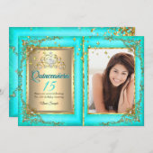 キンセアニェラ15thバースデーパーティー金ゴールドティール(緑がかった色)写真 招待状 (正面/裏面)