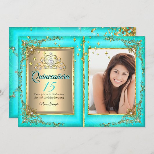 キンセアニェラ15thバースデーパーティー金ゴールドティール(緑がかった色)写真 招待状 (正面/裏面)