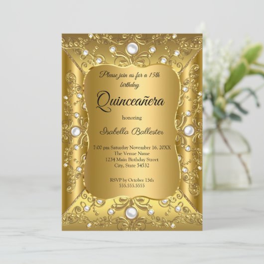 キンセアニェラ15thバースデーパーティー金ゴールドパールジュエル 招待状 (スタンド正面)