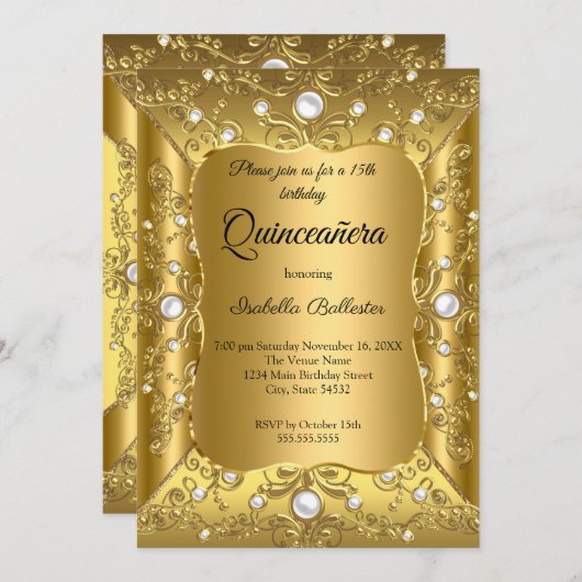 キンセアニェラ15thバースデーパーティー金ゴールドパールジュエル 招待状 (正面/裏面)