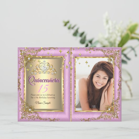 キンセアニェラ15thバースデーパーティー金ゴールドピンク写真 招待状 (スタンド正面)