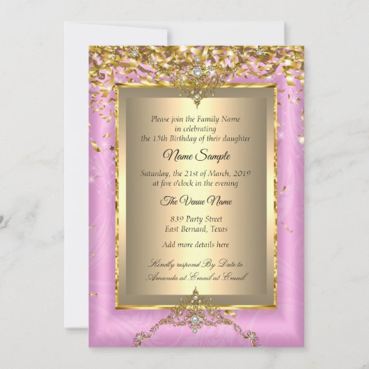 キンセアニェラ15thバースデーパーティー金ゴールドピンク 招待状 (裏面)