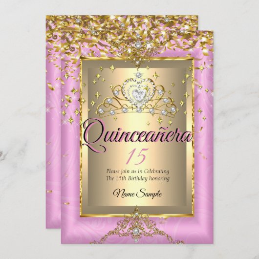 キンセアニェラ15thバースデーパーティー金ゴールドピンク 招待状 (正面/裏面)
