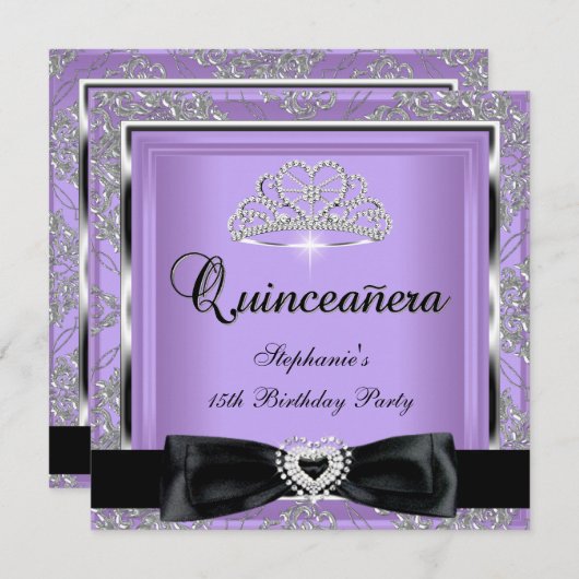 キンセアニェラ15thパーティー薄紫ダマスクシルバーブラック 招待状 (正面/裏面)
