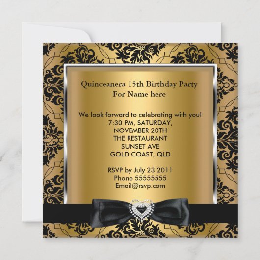 キンセアニェラ15thパーティー金ゴールドダマスクシルバーブラック 招待状 (裏面)