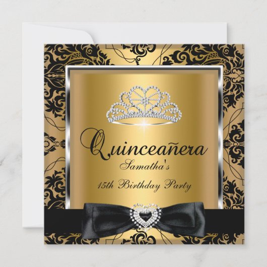 キンセアニェラ15thパーティー金ゴールドダマスクシルバーブラック 招待状 (正面)
