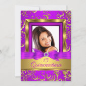 キンセアニェラ15thパープルピンク金ゴールドダマスク写真 招待状 (正面)
