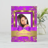 キンセアニェラ15thパープルピンク金ゴールドダマスク写真 招待状 (スタンド正面)