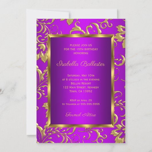 キンセアニェラ15thパープルピンク金ゴールドダマスク写真 招待状 (裏面)