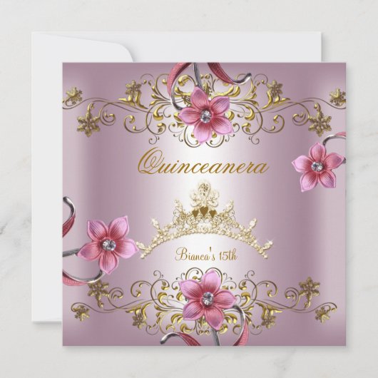 キンセアニェラ15thピンクの花金ゴールドティアラ 招待状 (正面)
