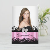 キンセアニェラ15thピンク白黒レース写真 招待状 (スタンド正面)