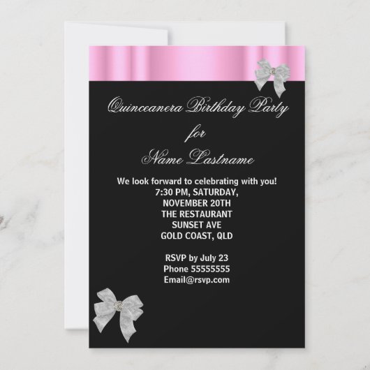 キンセアニェラ15thピンク白黒レース写真 招待状 (裏面)