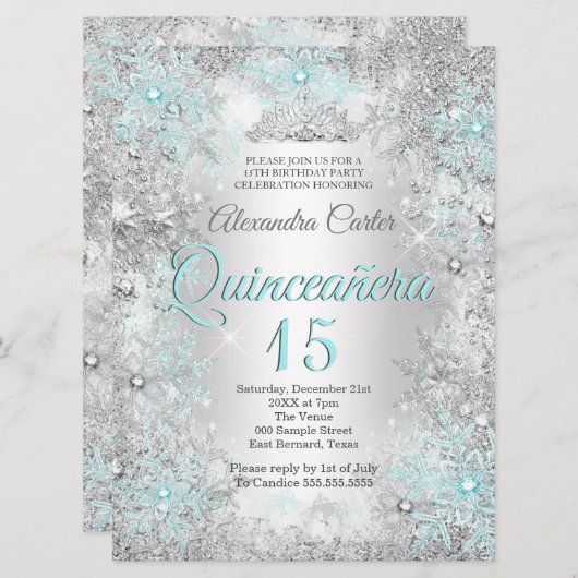 キンセアニェラ15thフォトシルバーティール(緑がかった色)ブルースノーフレーク 招待状 (正面/裏面)