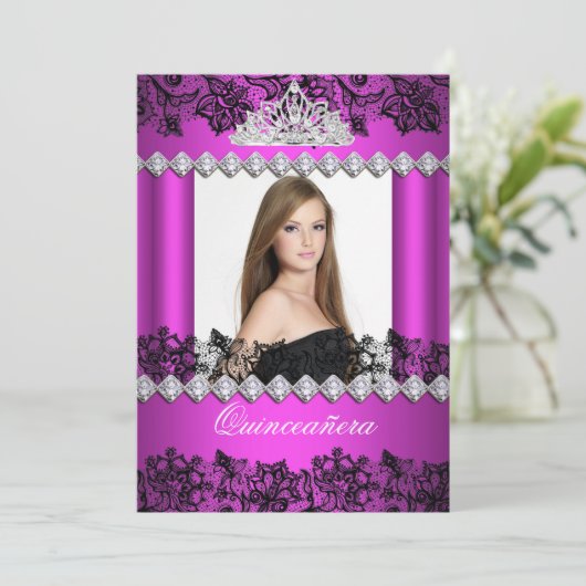 キンセアニェラ15thホットピンク白黒レース写真 招待状 (スタンド正面)