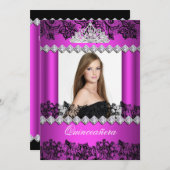 キンセアニェラ15thホットピンク白黒レース写真 招待状 (正面/裏面)