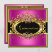 キンセアニェラ15thホットピンク金ゴールドブラックガールズ 招待状 (正面/裏面)