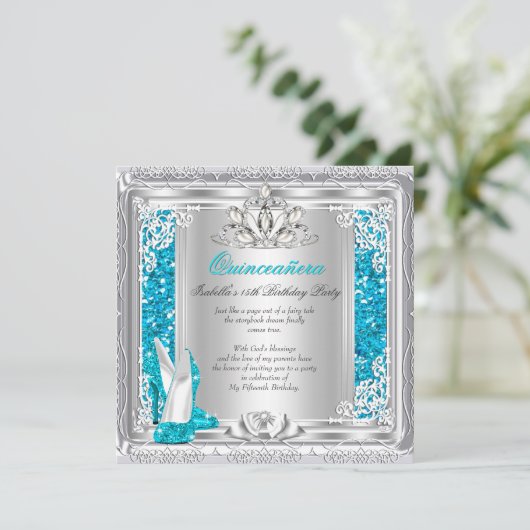 キンセアニェラ15th誕生日グリッターティール（緑がかった色）シューズ 招待状 (スタンド正面)