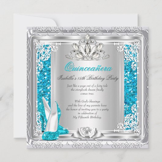 キンセアニェラ15th誕生日グリッターティール（緑がかった色）シューズ 招待状 (正面)